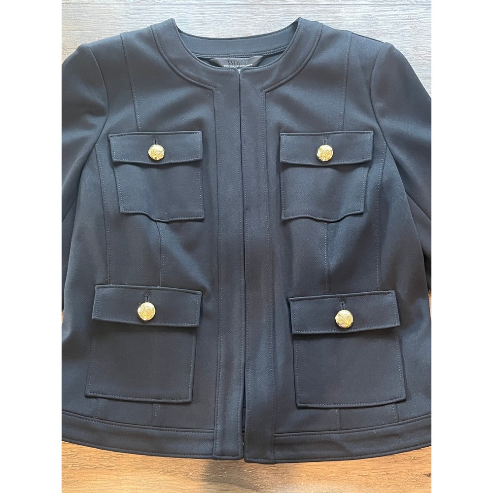 White House Black Market Black Military Blazer Gold Crest Button Jacket Size 10